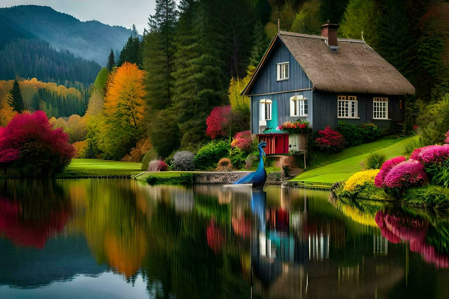 a house sits on the edge of a lake surrounded by colorful trees. AI-Generated photo