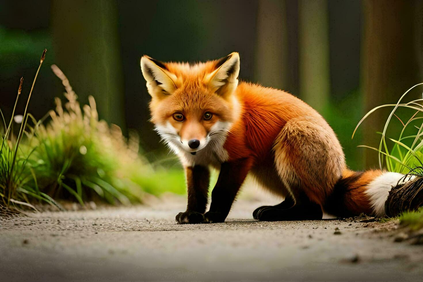 a red fox is sitting on the road in the forest. AI-Generated photo