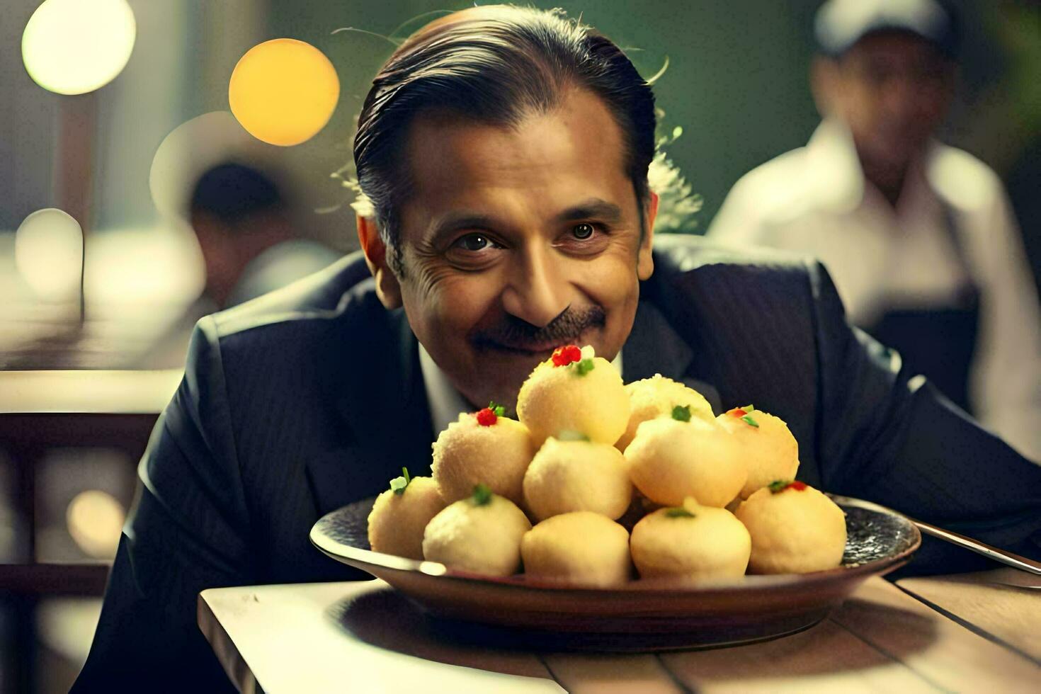 a man in a suit is sitting in front of a plate of food. AI-Generated photo