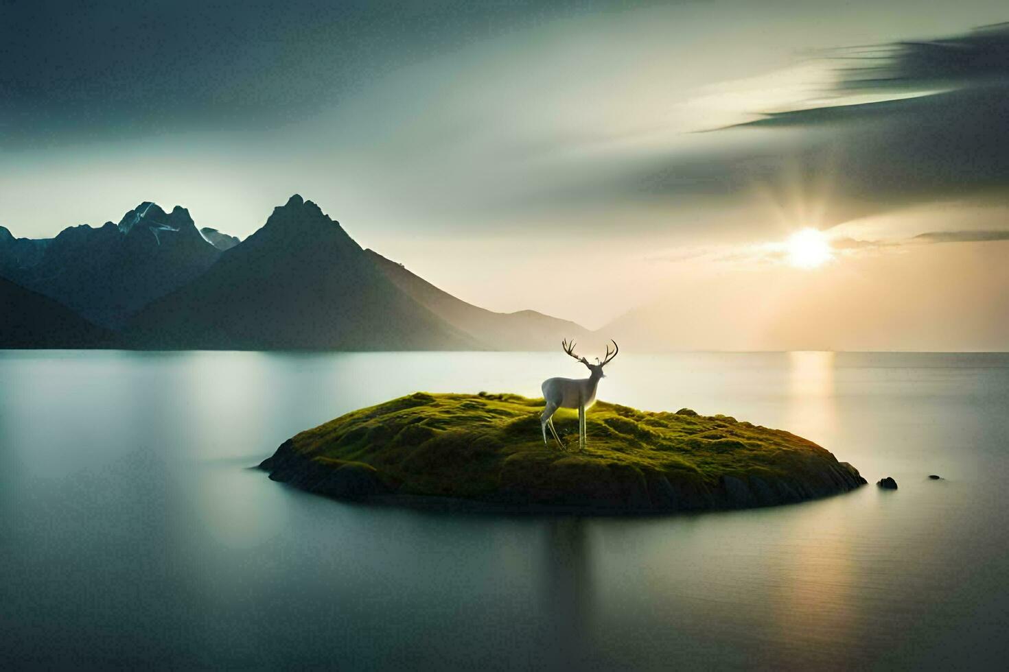 a deer stands on an island in the middle of a lake. AI-Generated photo
