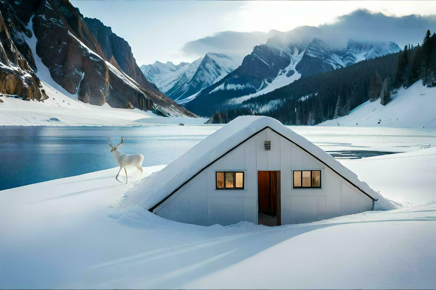 un pequeño cabina en el nieve con un ciervo. generado por ai foto
