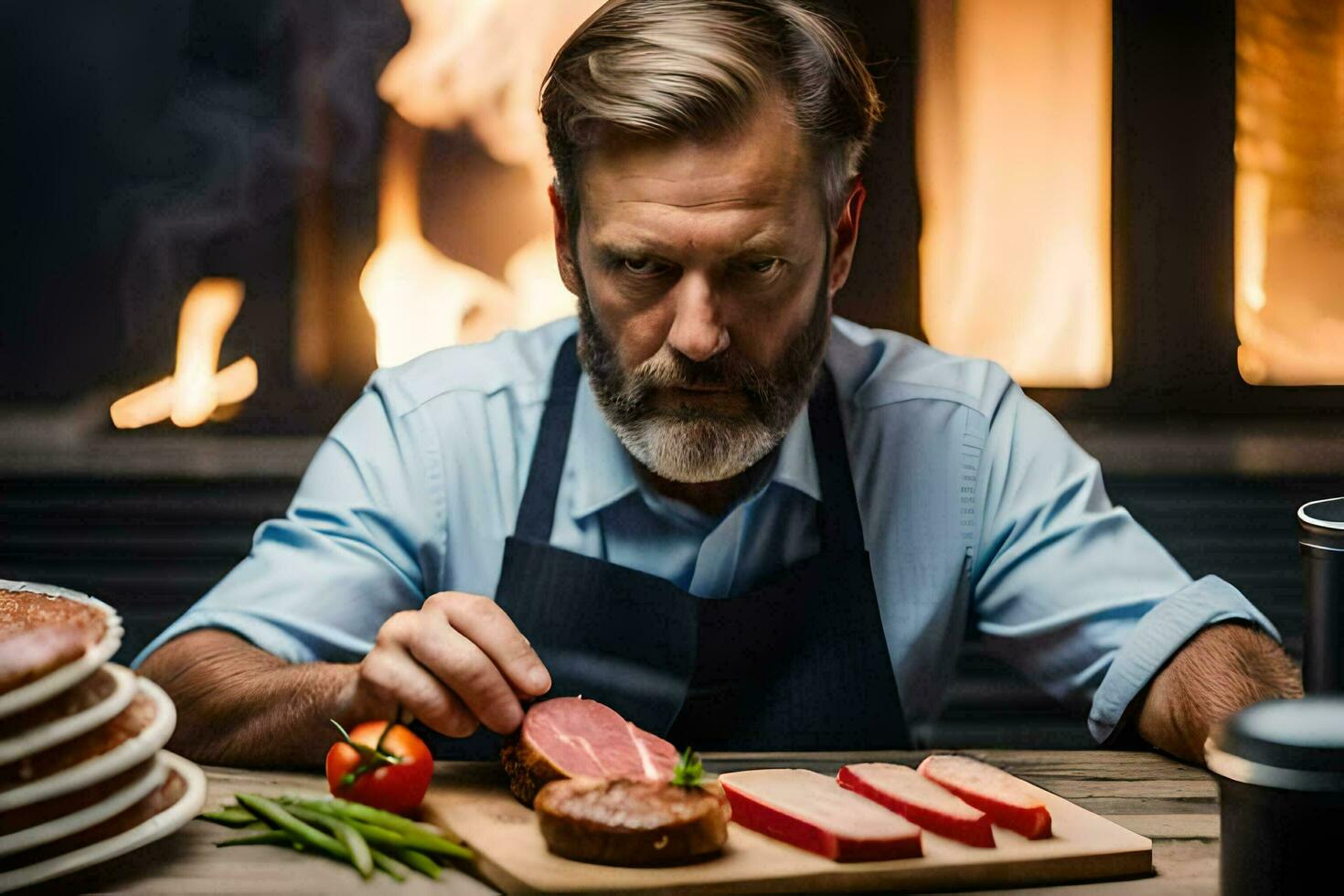 a man is preparing food in front of a fireplace. AI-Generated photo