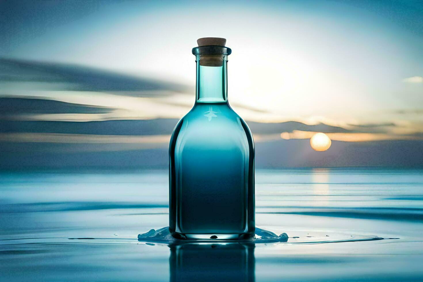 un botella de azul líquido sentado en el agua. generado por ai foto