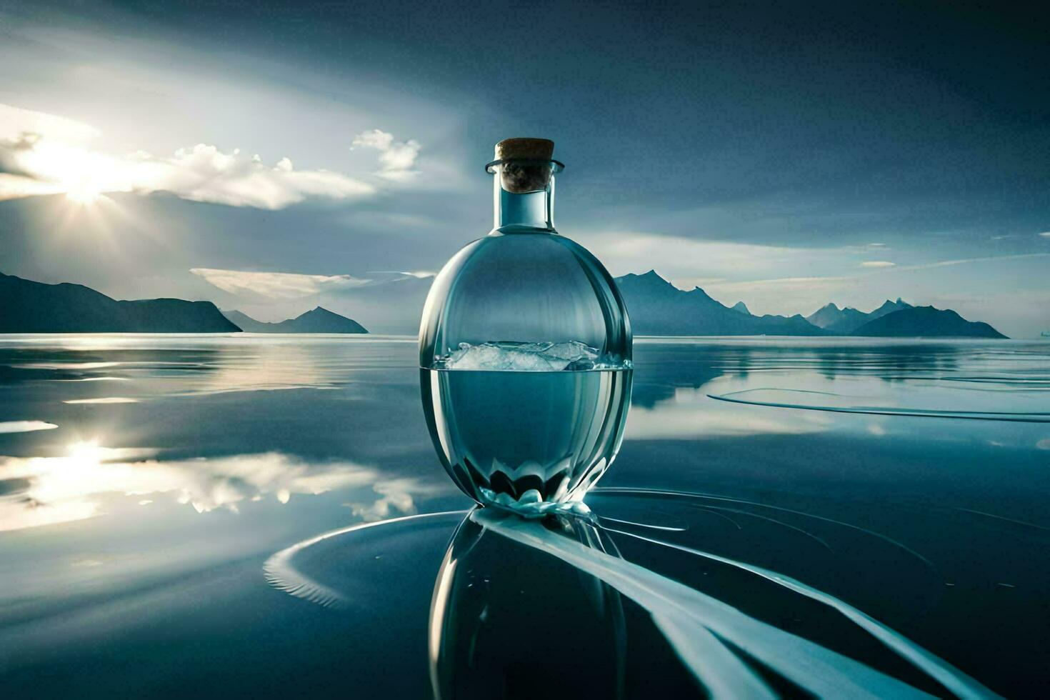 a bottle of water sitting on the water with mountains in the background. AI-Generated photo