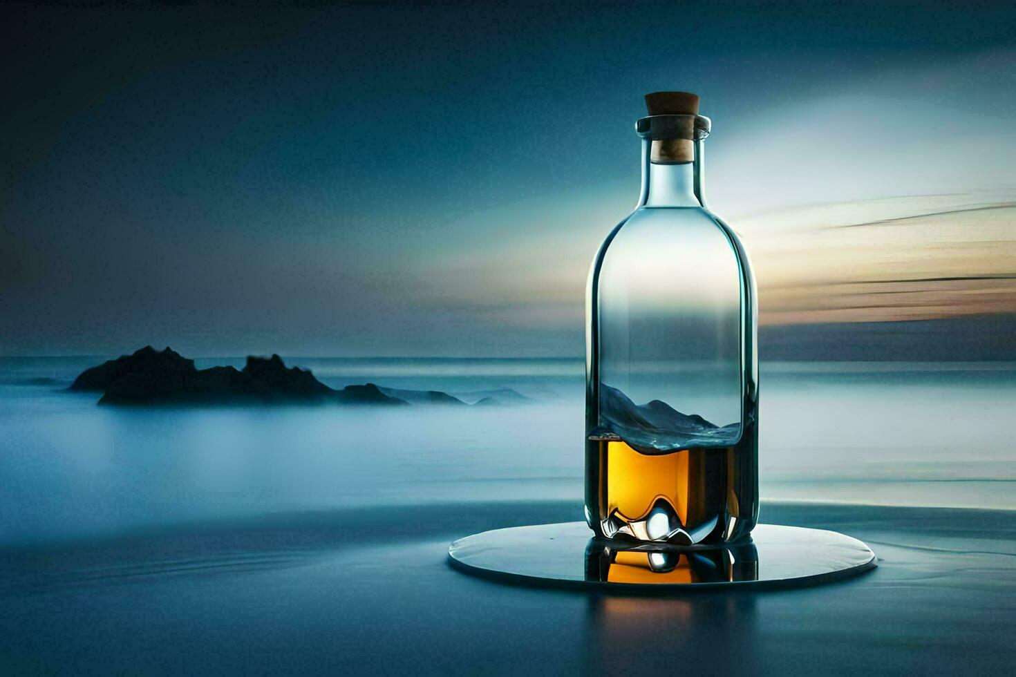 un botella de whisky en un mesa en frente de el océano. generado por ai foto