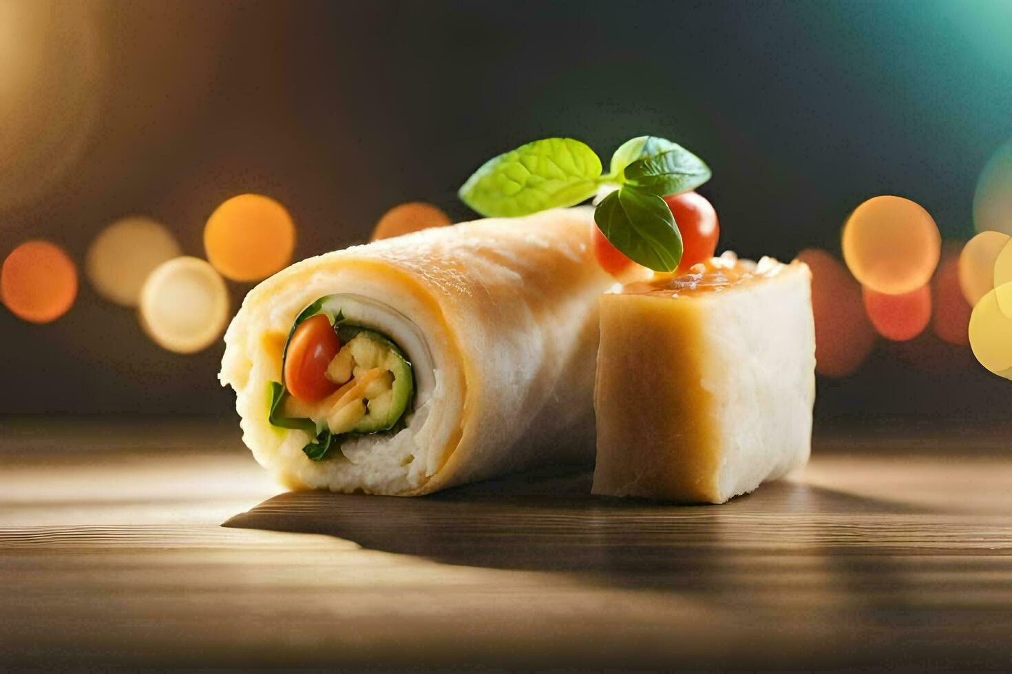 a roll of food with tomato and basil on a wooden table. AI-Generated photo