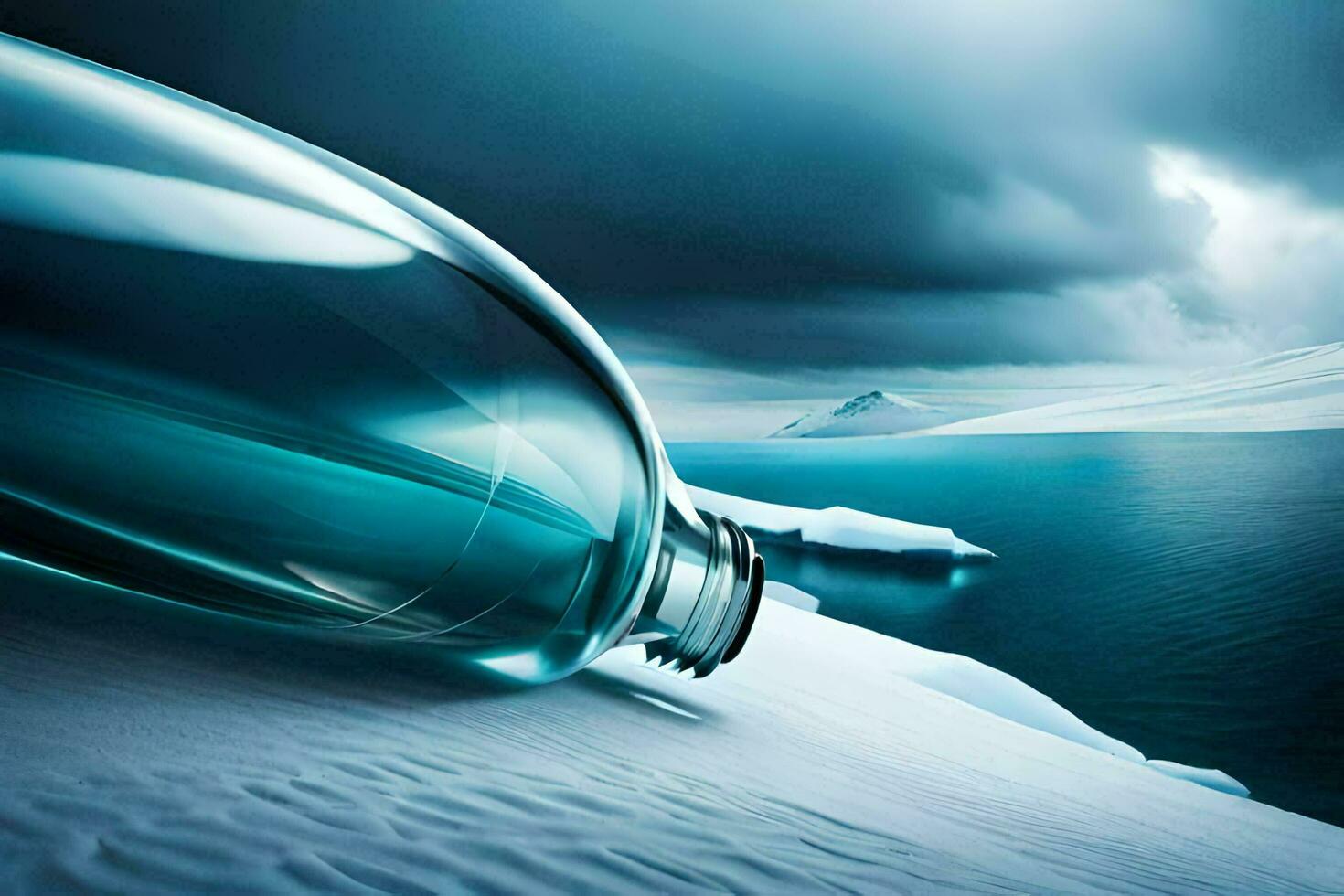 a bottle of water sitting on top of an iceberg. AI-Generated photo