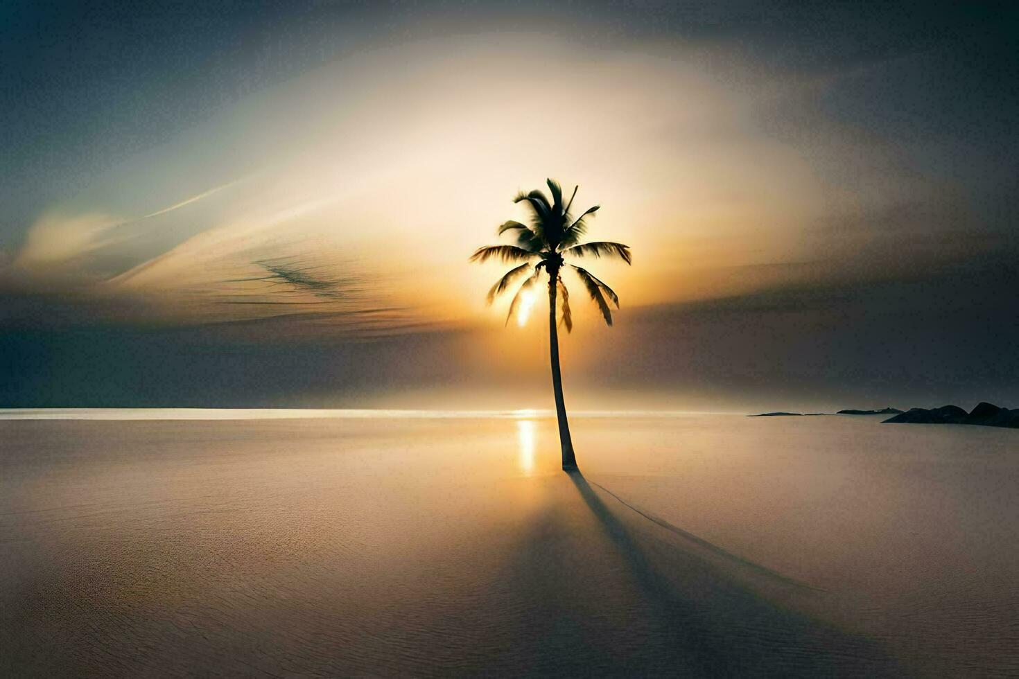 a lone palm tree stands on the beach at sunset. AI-Generated photo