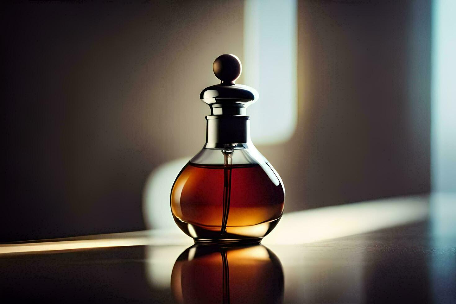 a bottle of perfume sitting on a table. AI-Generated photo