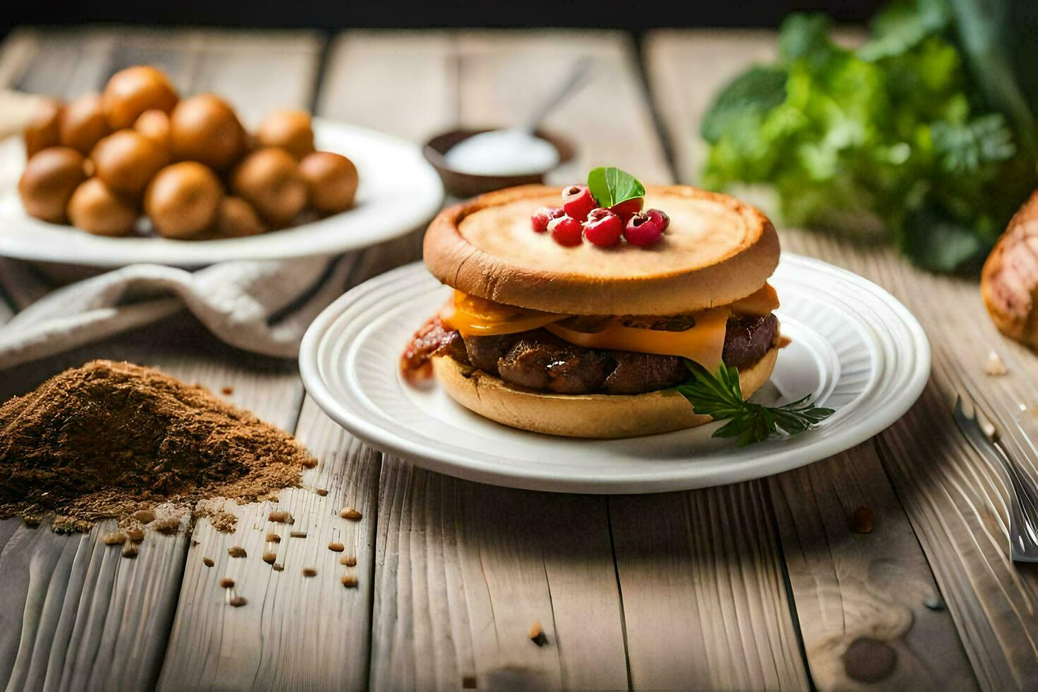 a hamburger with cheese, bacon and cranberries on a plate. AI-Generated photo