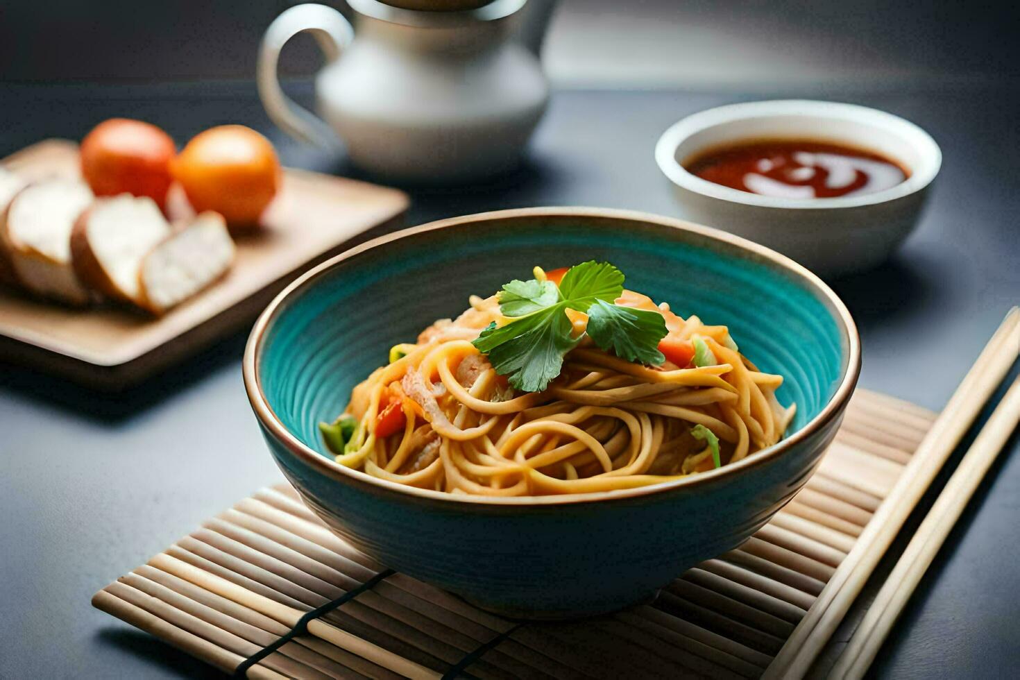 chinese noodles in a bowl with chopsticks and a bowl of chopsticks. AI-Generated photo
