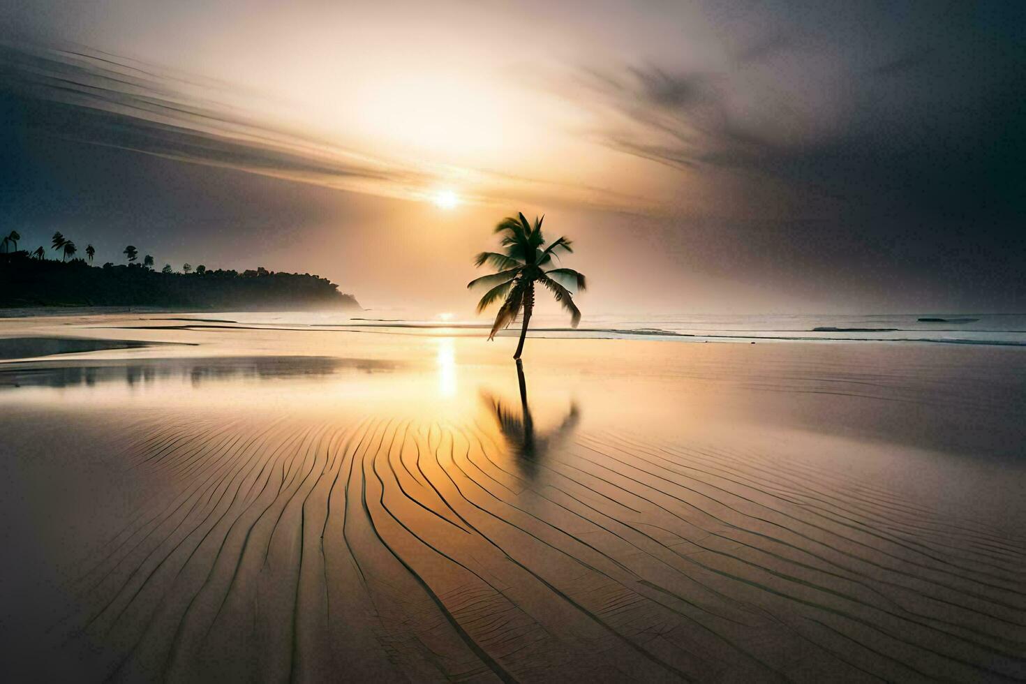 a lone palm tree stands on the beach at sunset. AI-Generated photo