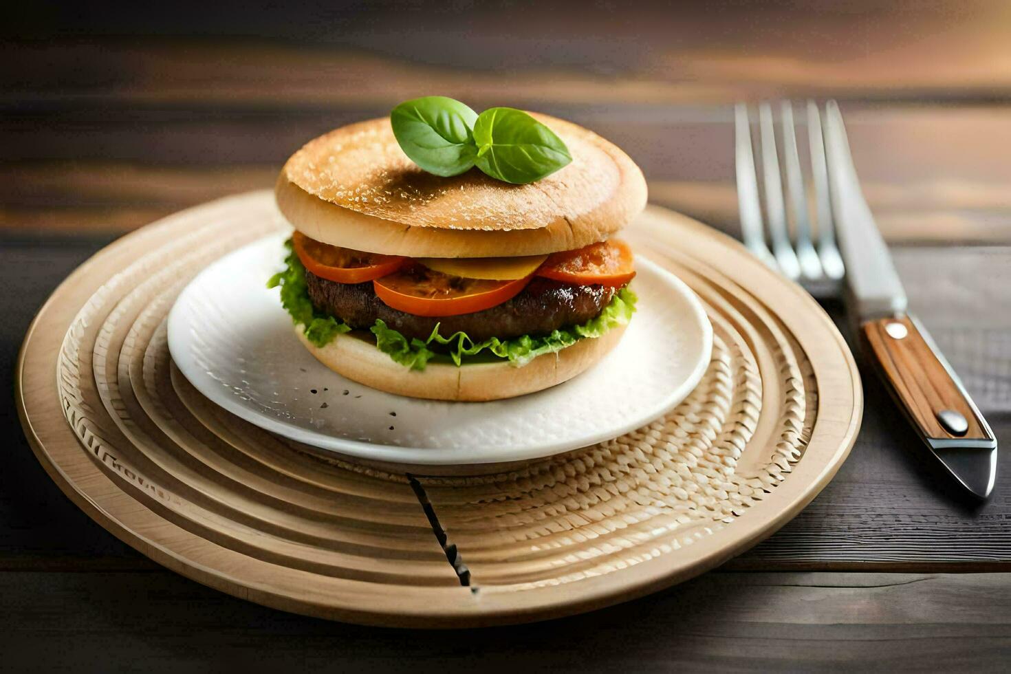 un hamburguesa en un plato con un cuchillo y tenedor. generado por ai foto