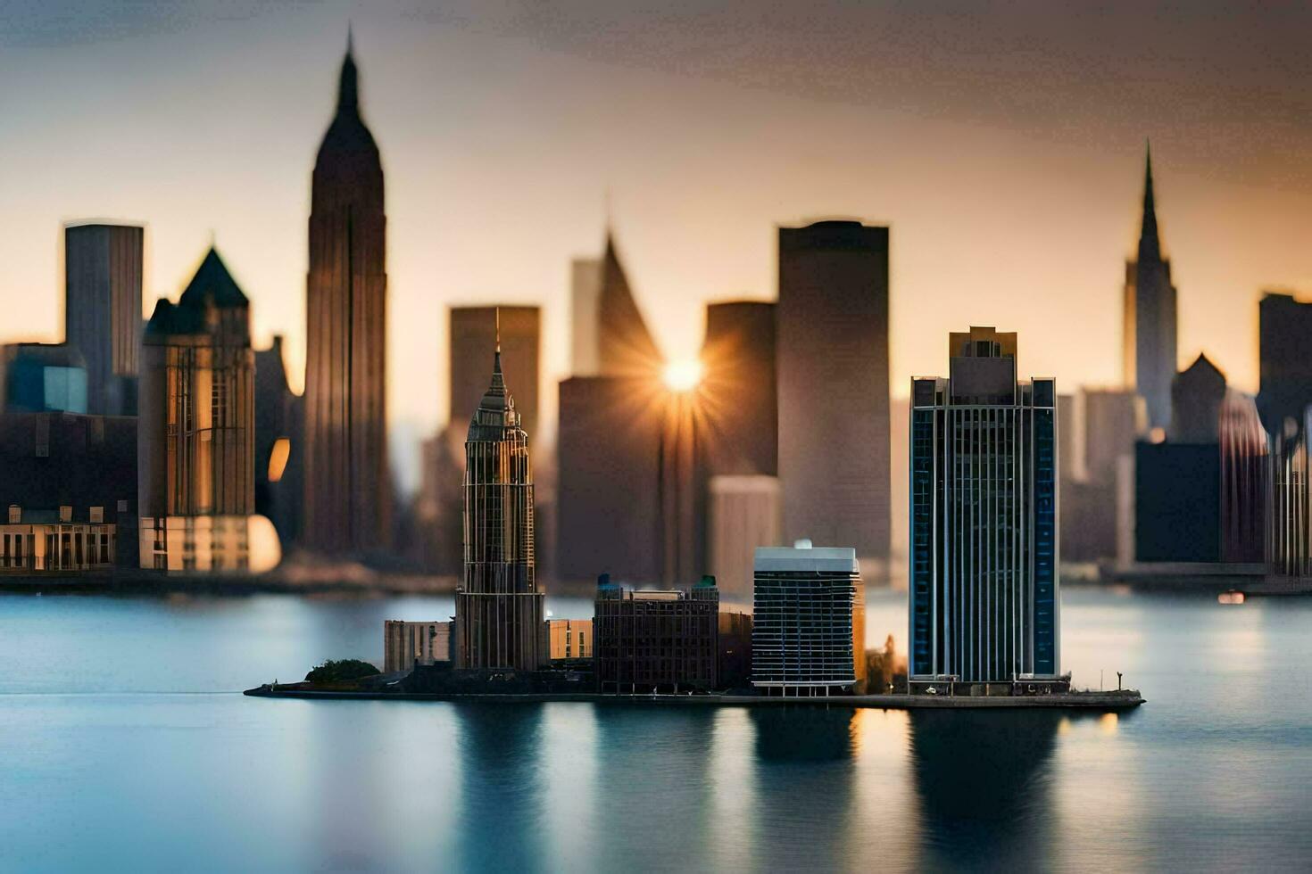 the sun is setting over a city skyline. AI-Generated photo