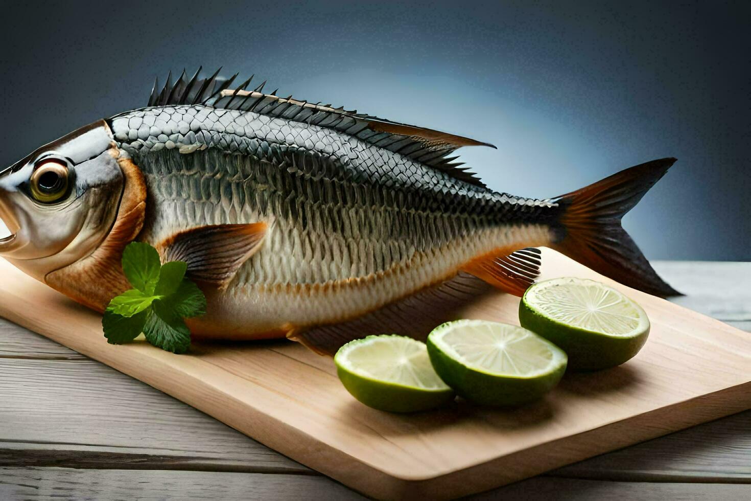 a fish on a cutting board with lime slices. AI-Generated photo