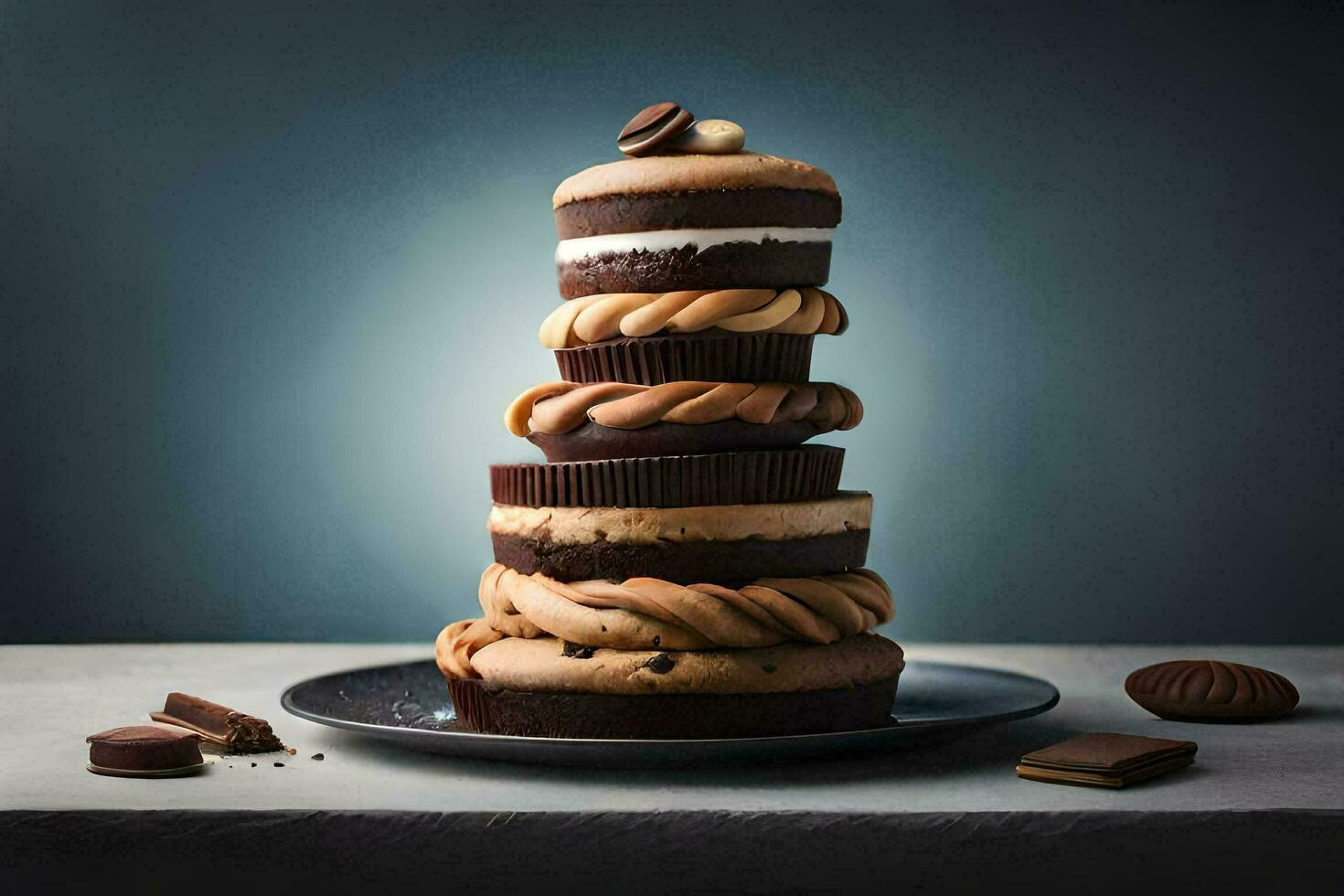 un apilar de chocolate y maní mantequilla galletas en un lámina. generado por ai foto