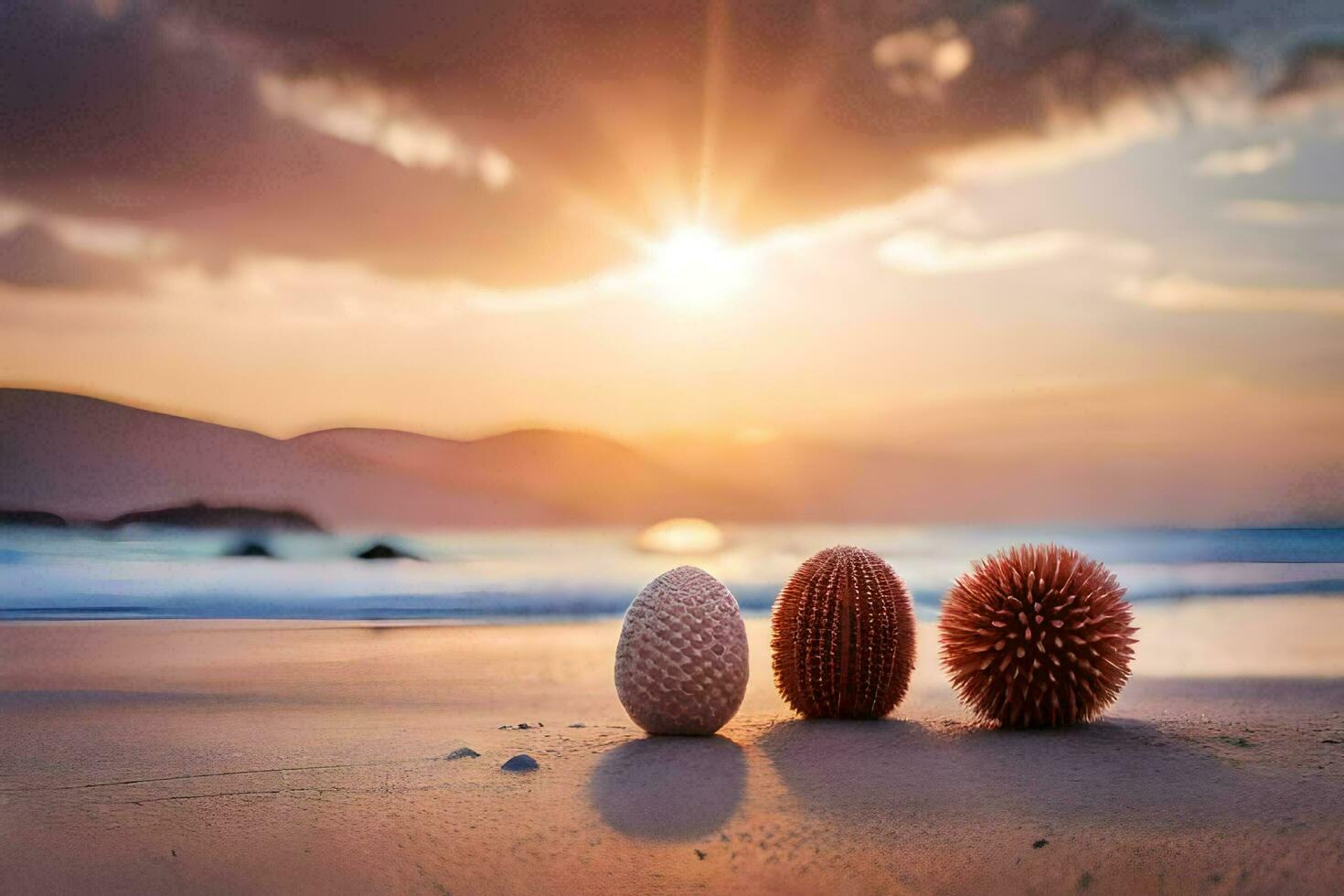 Tres puntiagudo pelotas en el playa a puesta de sol. generado por ai foto
