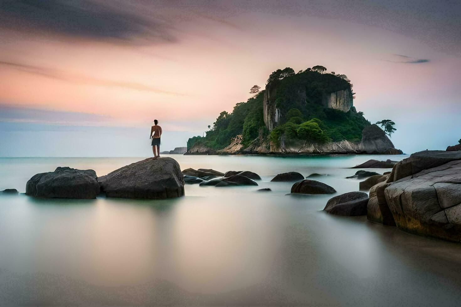 a man standing on rocks at the beach at sunset. AI-Generated photo