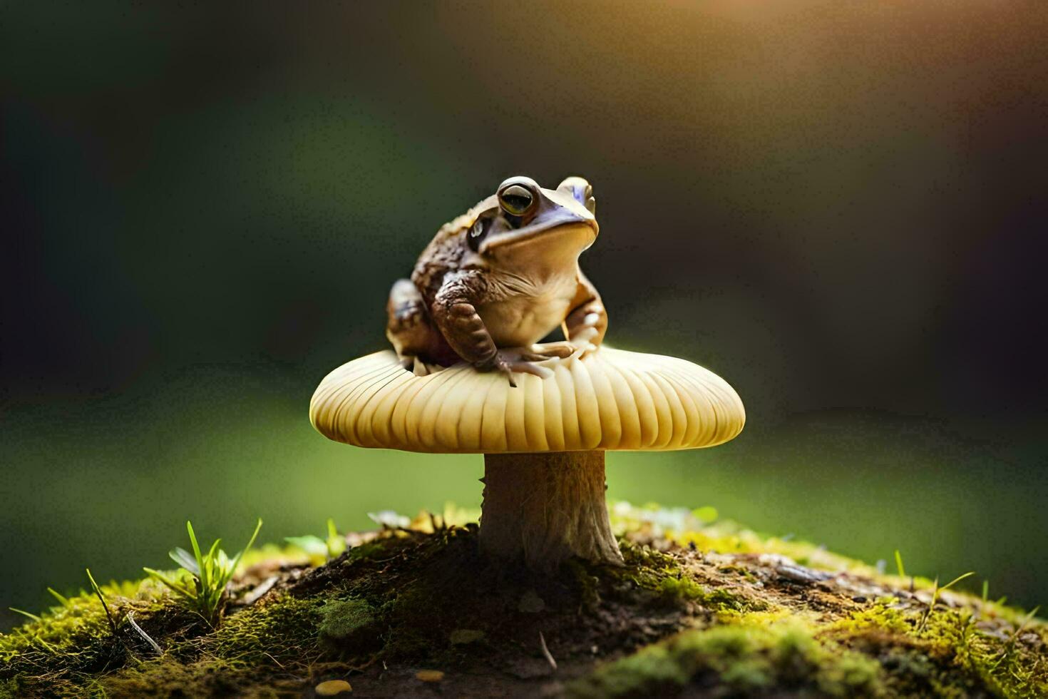 a frog sits on top of a mushroom. AI-Generated photo