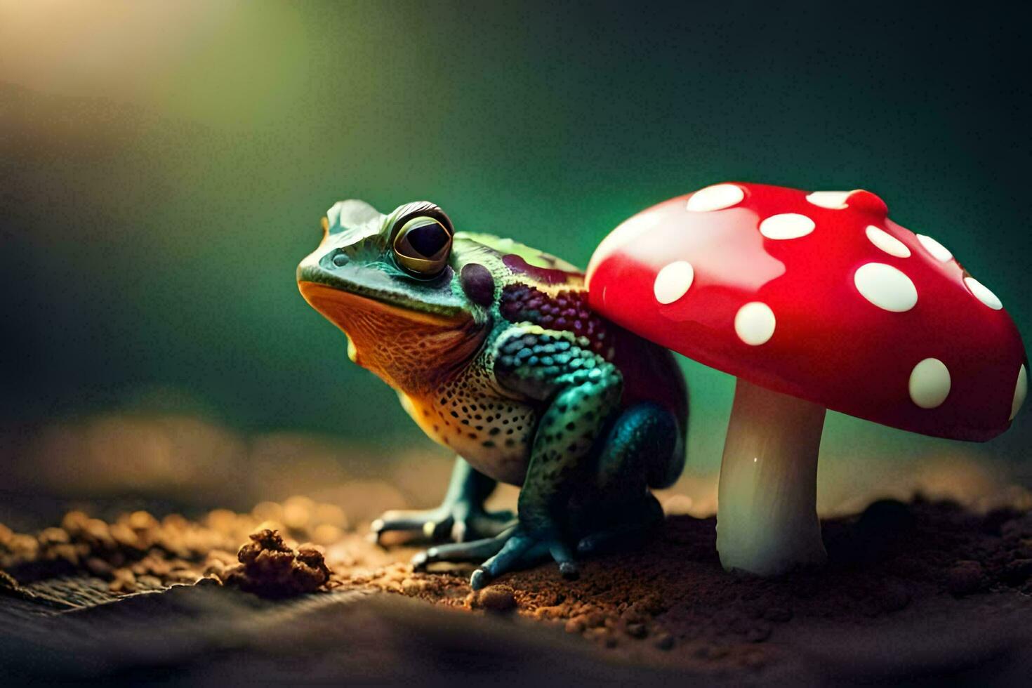 a frog sits under a red mushroom. AI-Generated photo