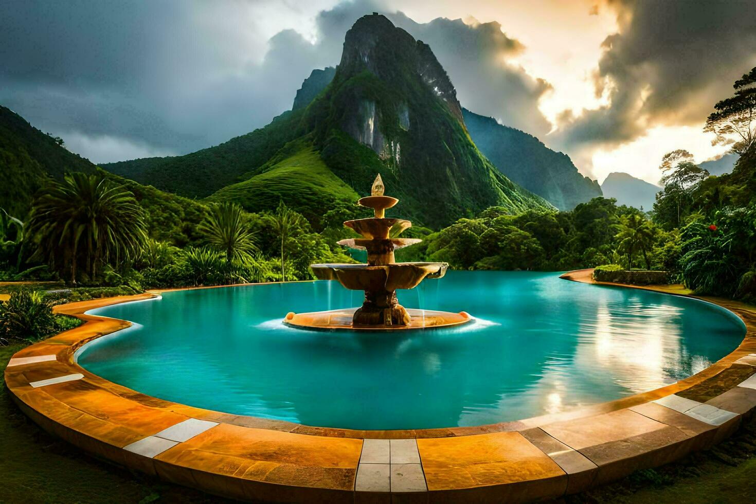 a beautiful fountain in the middle of a lush green mountain. AI-Generated photo