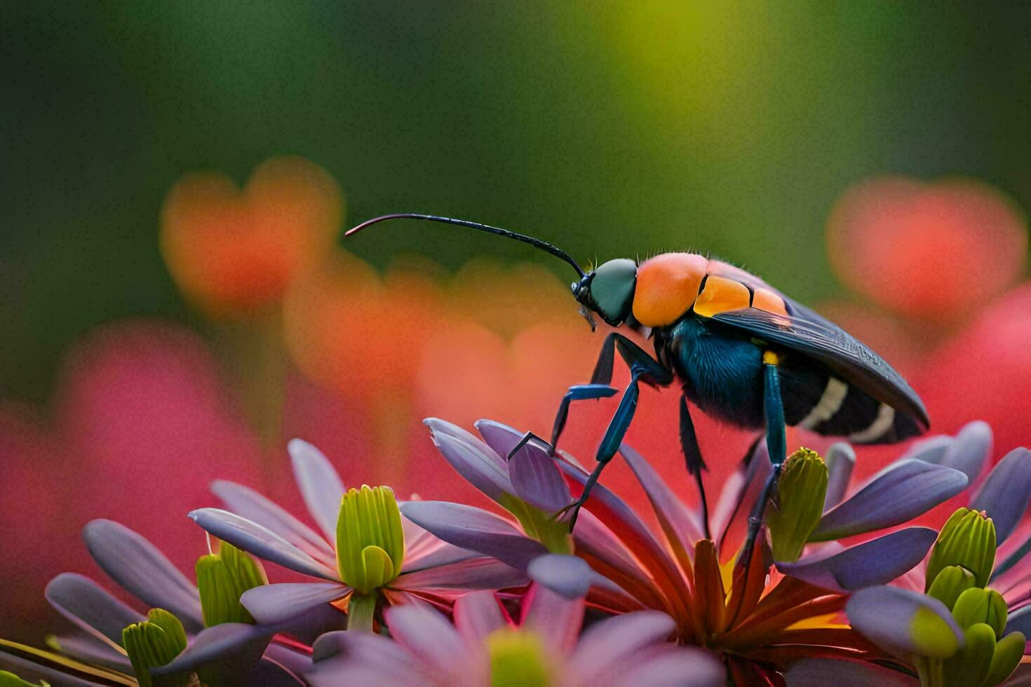 a colorful bug is sitting on top of a flower. AI-Generated photo
