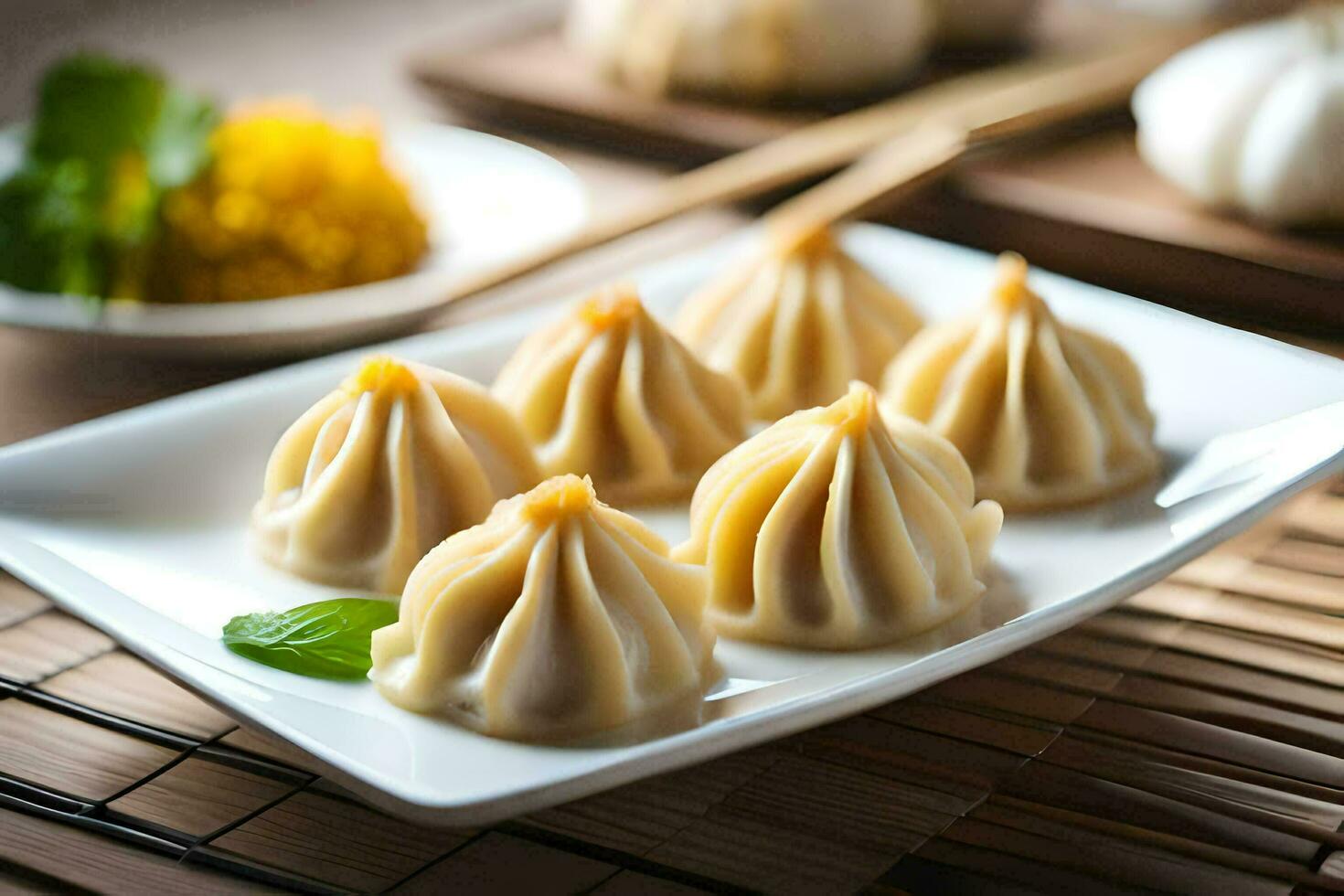 a plate with dumplings on it. AI-Generated photo
