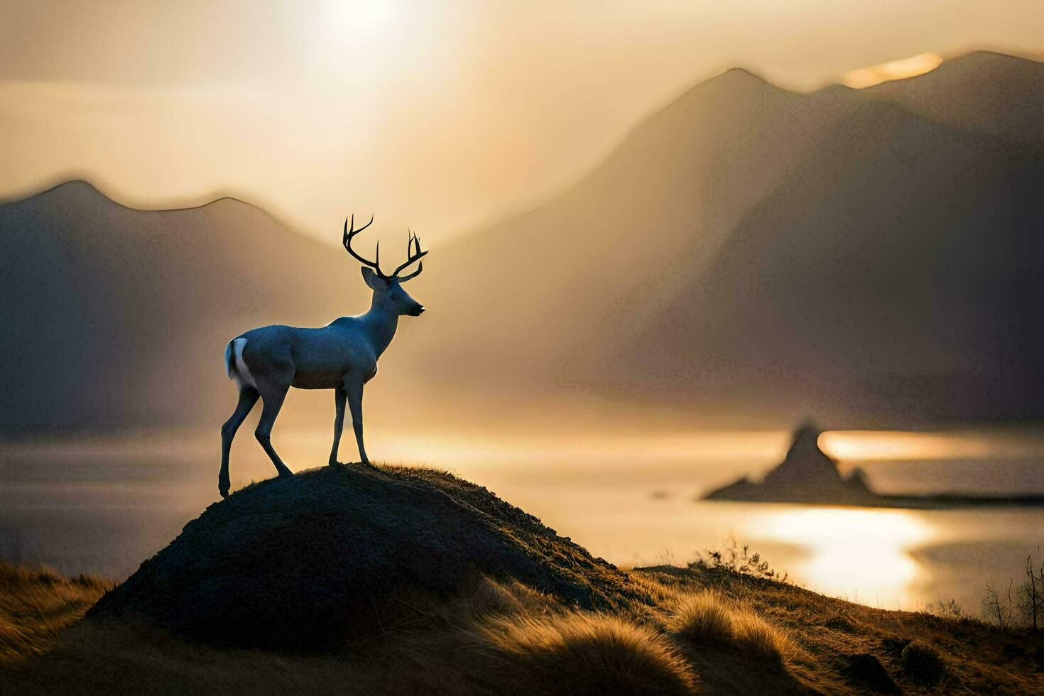 un ciervo soportes en un rock con vista a el Oceano y montañas. generado por ai foto