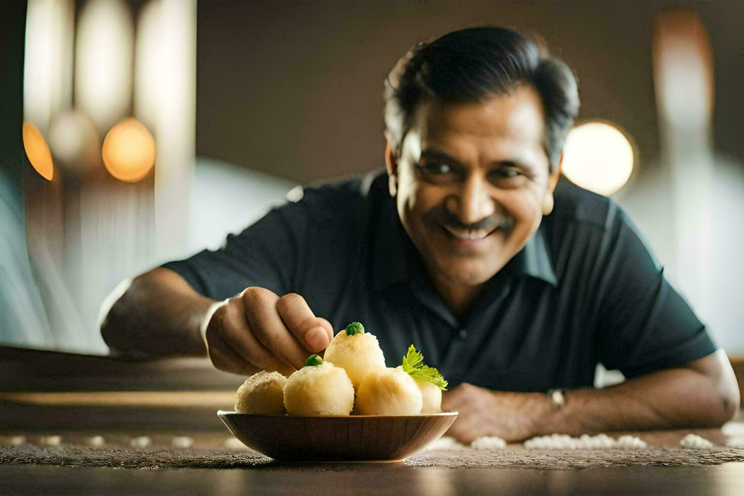 un hombre es sonriente mientras participación un cuenco de alimento. generado por ai foto