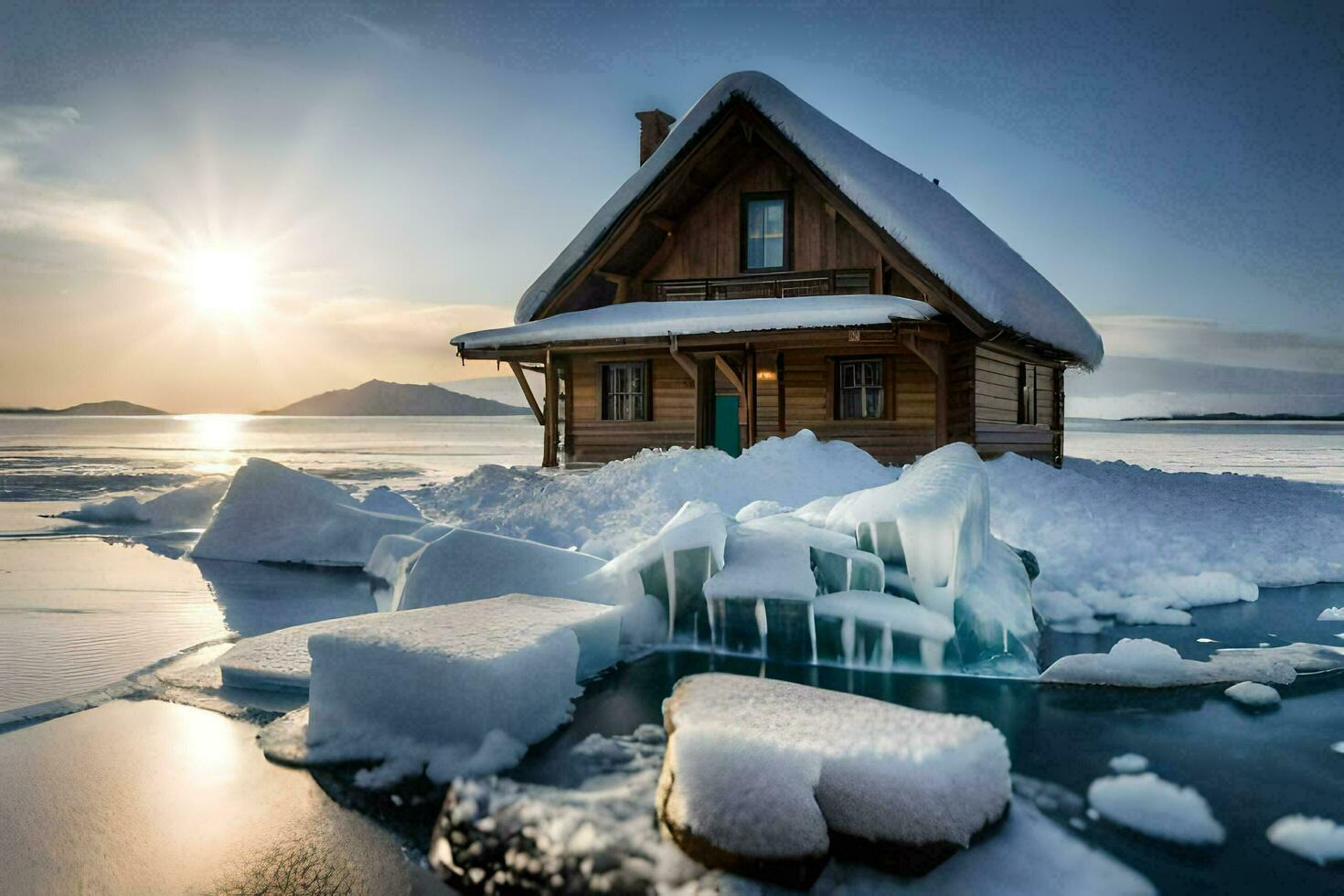 a small cabin sits on top of an ice floe. AI-Generated photo