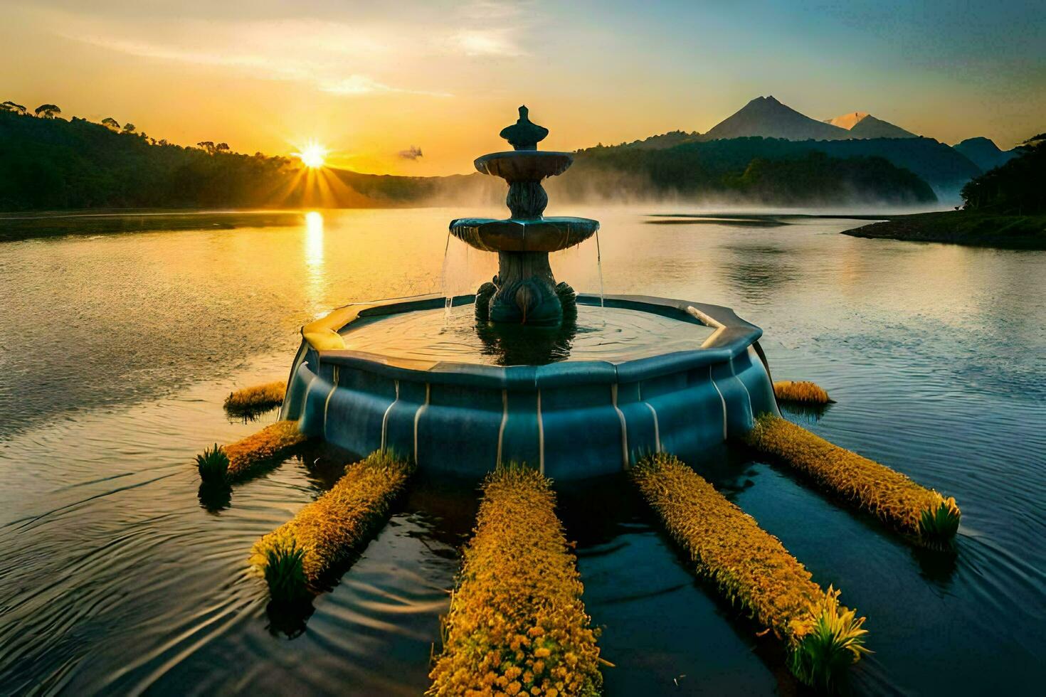 the sunrise over the lake. AI-Generated photo