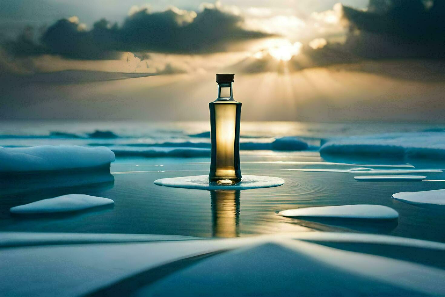 un botella de whisky en el hielo. generado por ai foto