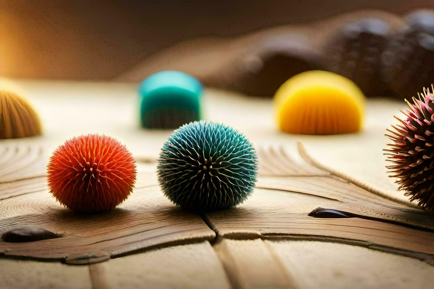 a group of colorful spiky balls on a wooden surface. AI-Generated photo