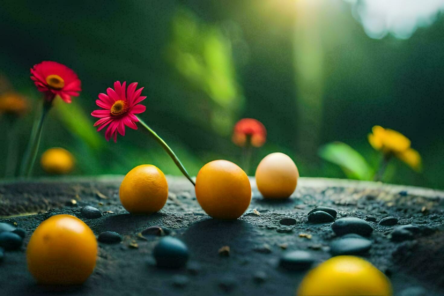 yellow eggs and flowers on a rock. AI-Generated photo
