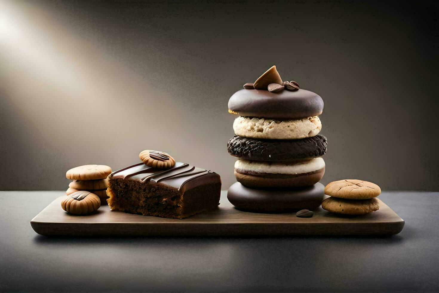 a stack of chocolate and cookies on a wooden tray. AI-Generated photo