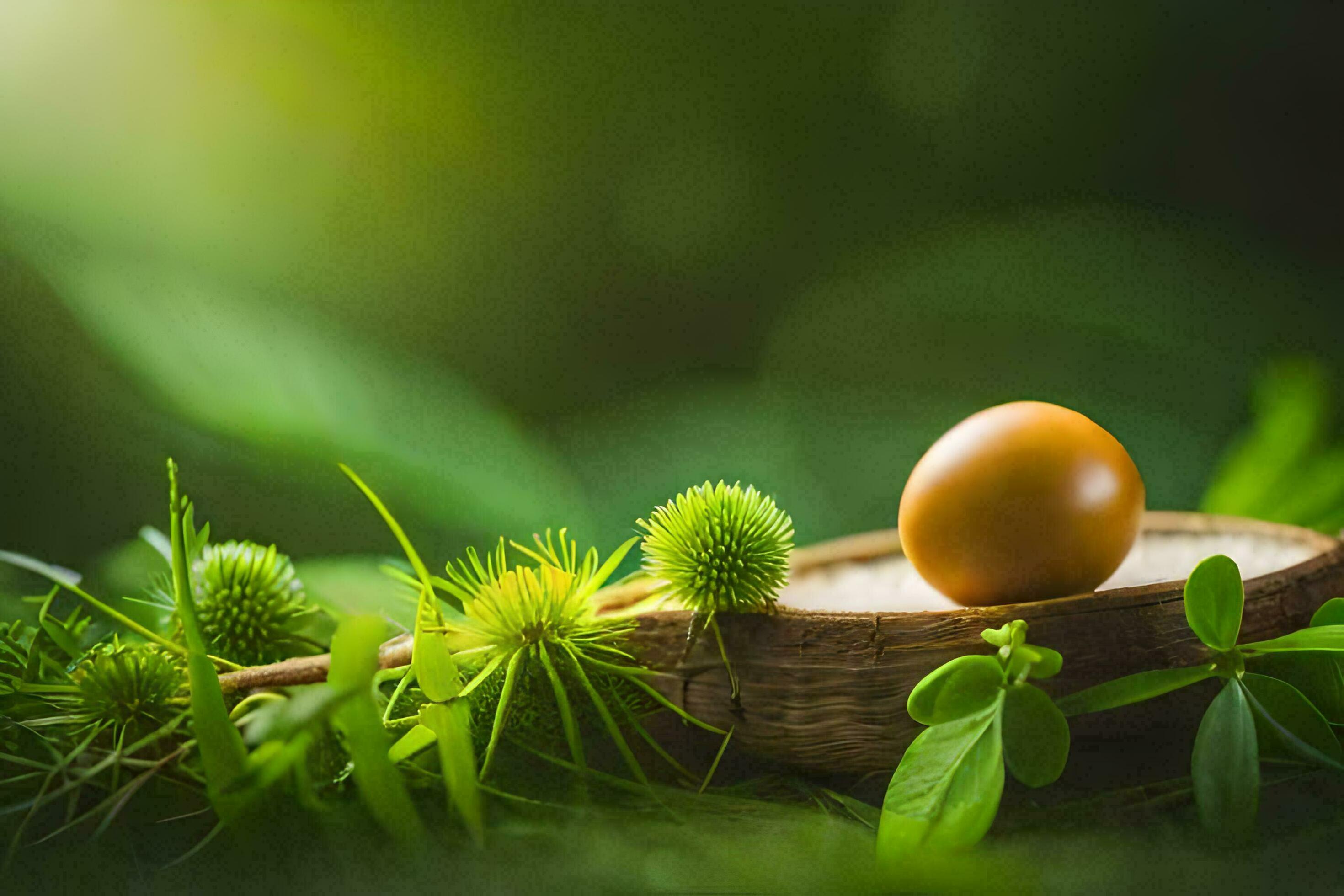 A Brown Egg In A Basket With Green Leaves AI Generated 32269544 Stock a-brown-egg-in-a-basket-with-green-leaves-ai-generated-32269544-stock