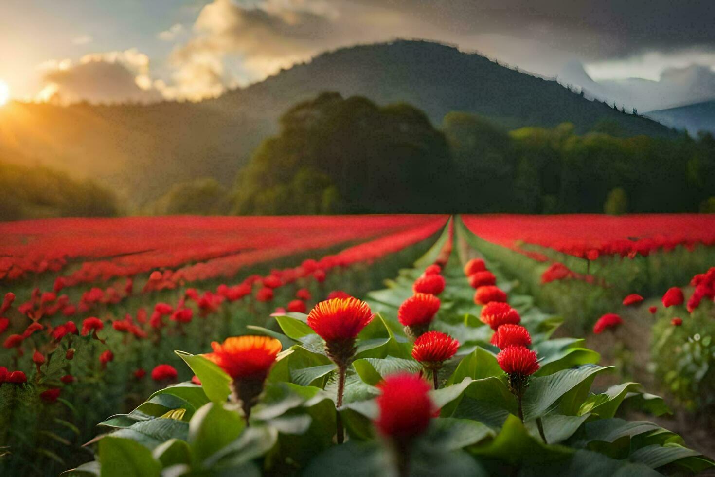 photo wallpaper field, the sun, flowers, the mountains, the sun, flowers, the mountains. AI-Generated