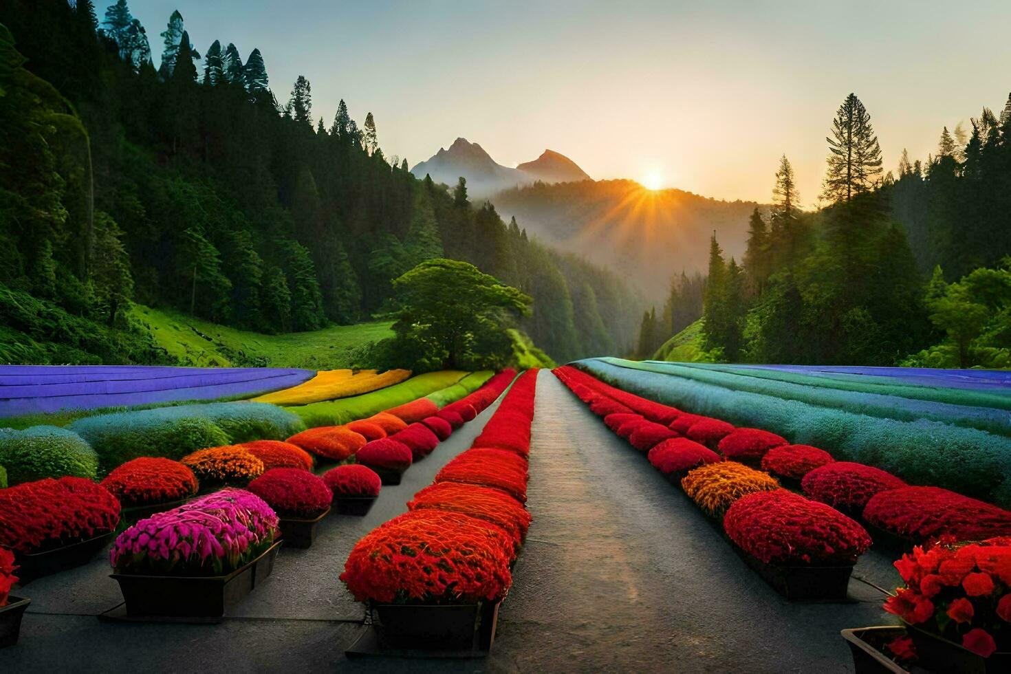colorful flowers in a field at sunset. AI-Generated photo