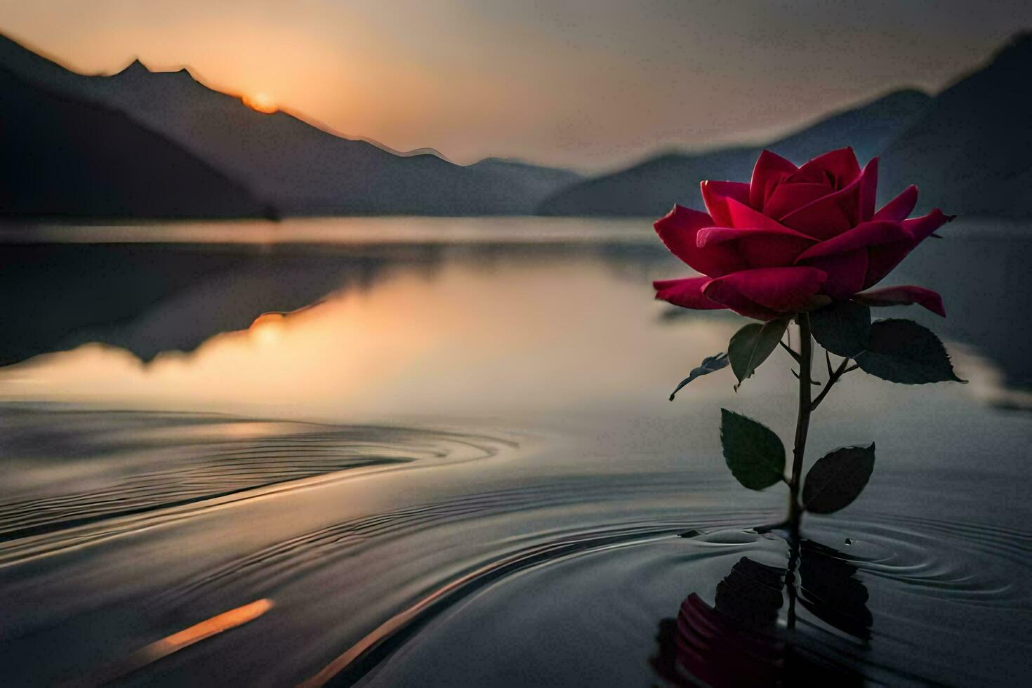 a red rose is standing in the water with a mountain in the background. AI-Generated photo