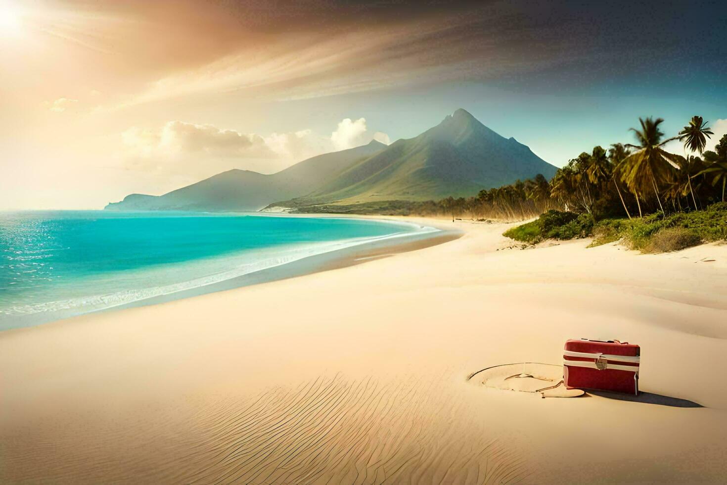 a red suitcase sits on the beach with palm trees and mountains in the background. AI-Generated photo