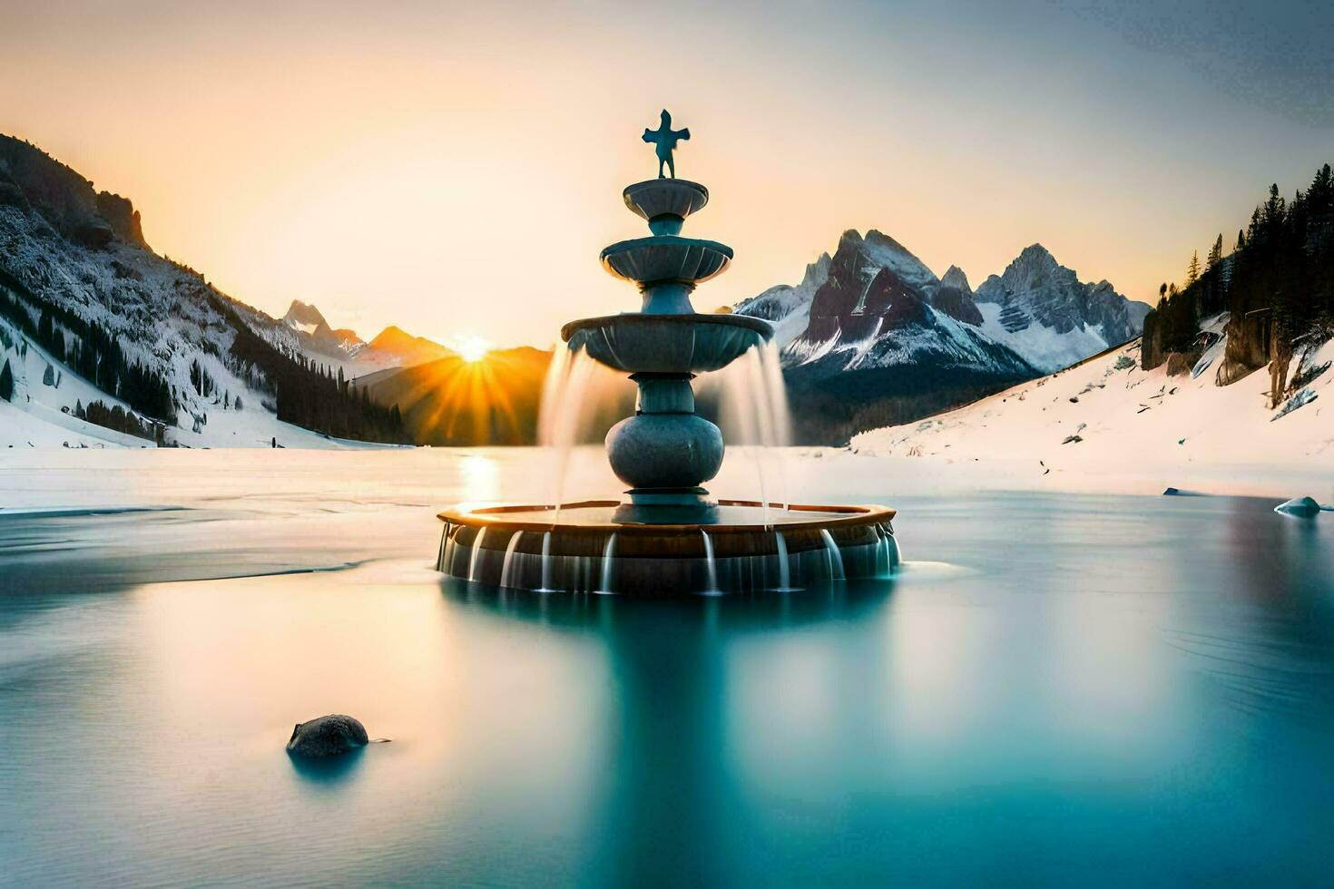 photo wallpaper the sky, mountains, water, fountain, the sun, the mountains, lake,. AI-Generated