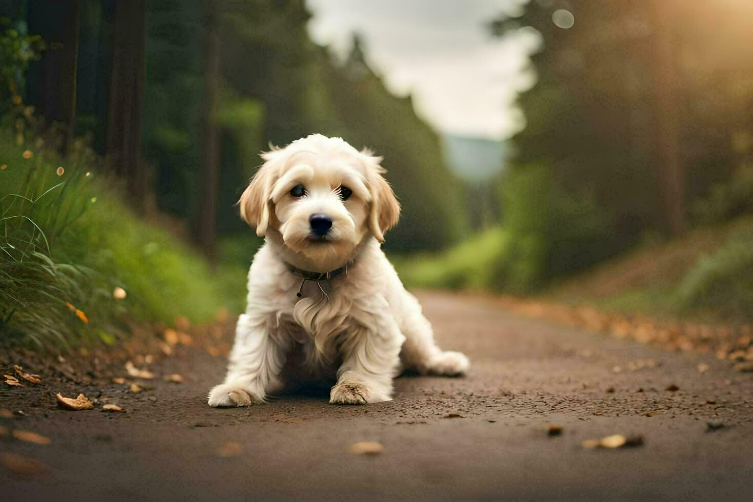 a white puppy sitting on the road in the woods. AI-Generated photo