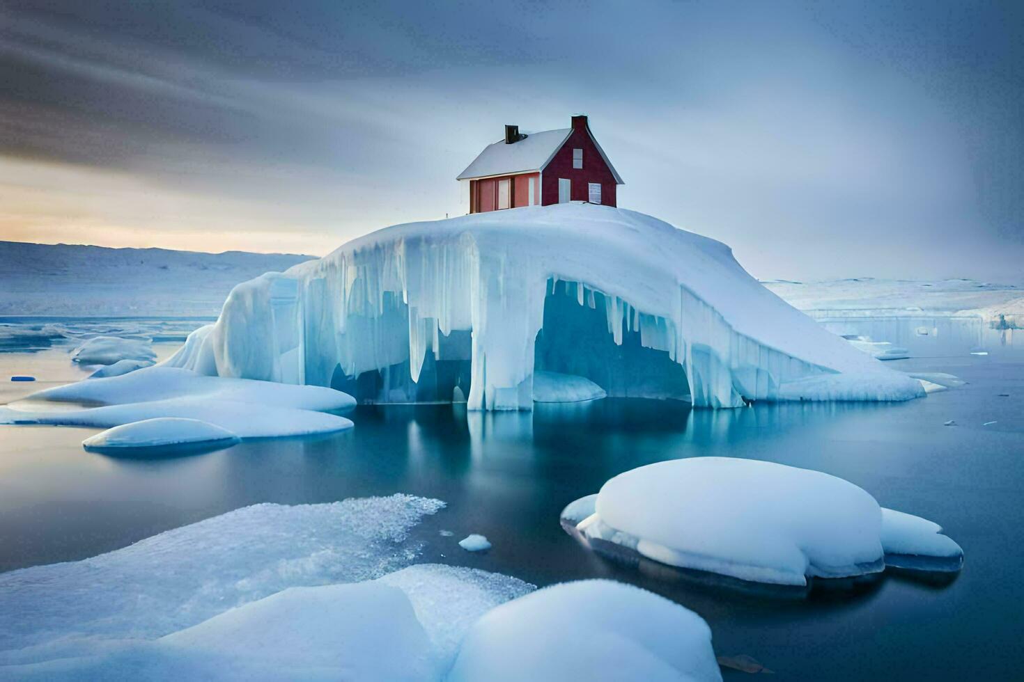 un rojo casa se sienta en un iceberg en el medio de el océano. generado por ai foto