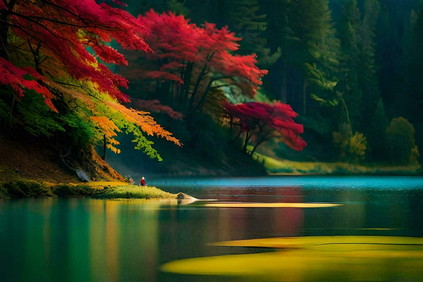 photo wallpaper autumn, the trees, lake, water, the forest, the lake, the trees. AI-Generated