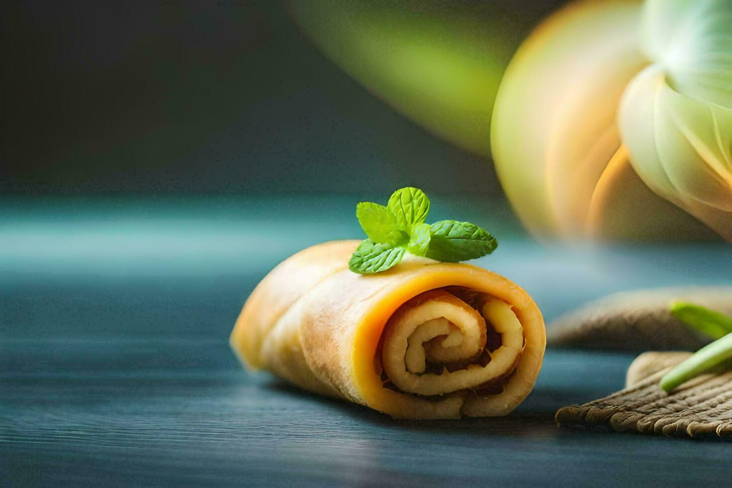 a roll of pastry with mint leaves on it. AI-Generated photo