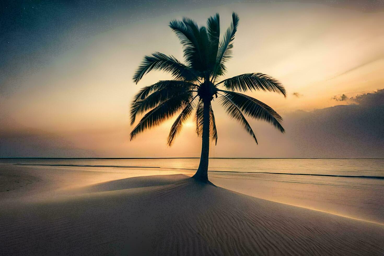 the palm tree on the beach at sunset. AI-Generated photo