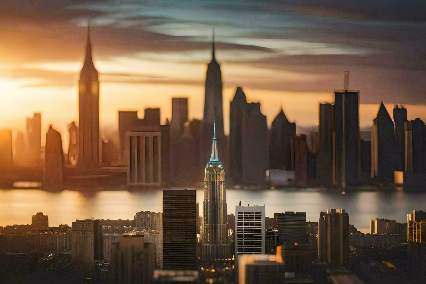 the city skyline at sunset with the empire state building in the background. AI-Generated photo