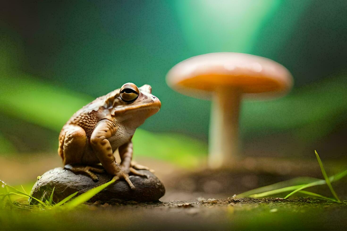a frog sits on a rock in the forest. AI-Generated photo
