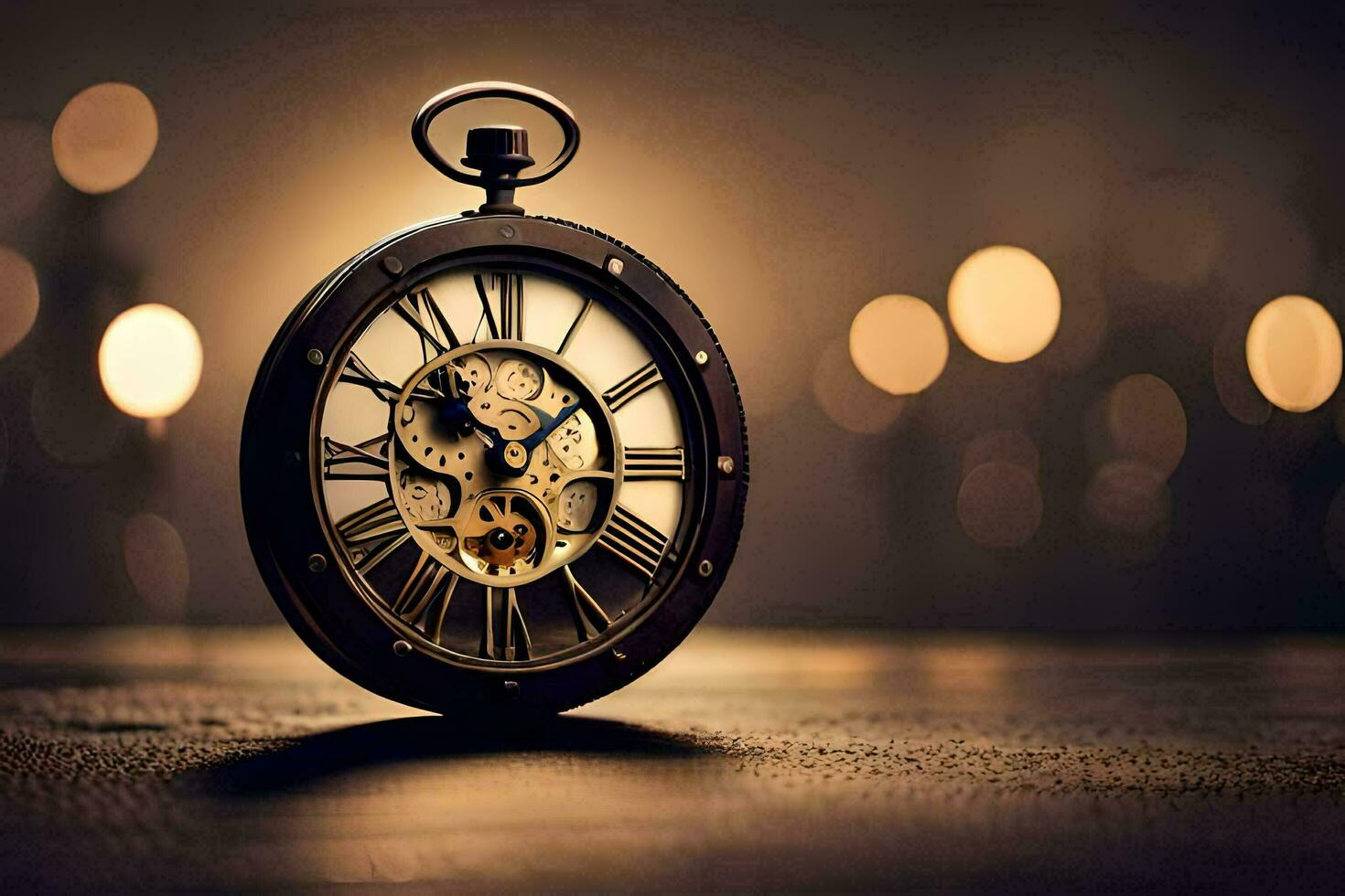 a pocket watch is shown on a table with lights. AI-Generated photo