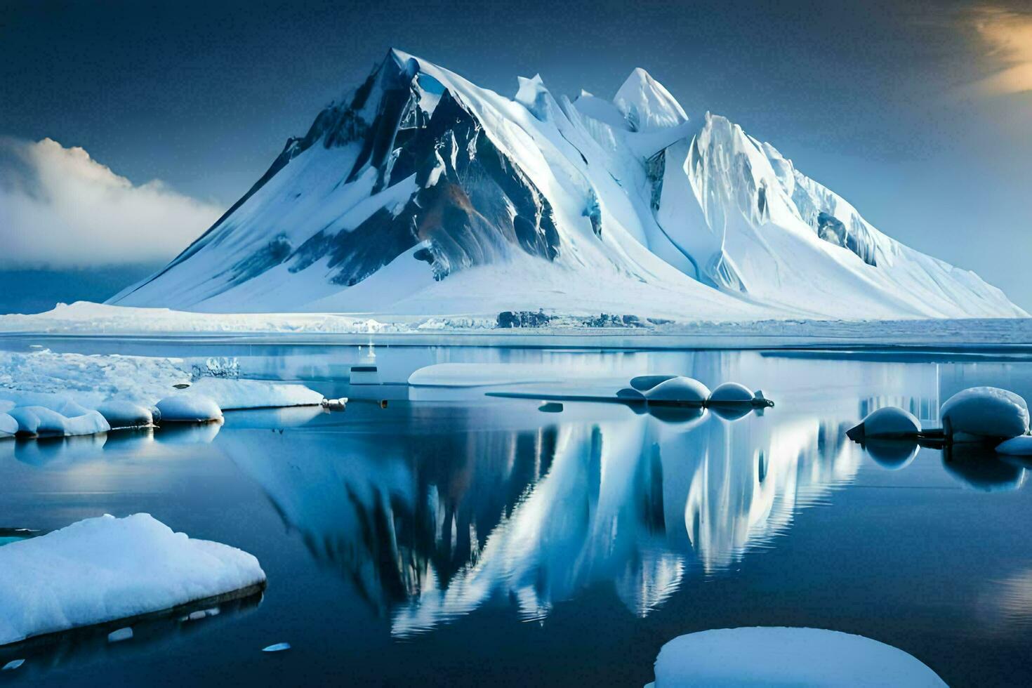 a mountain with snow and ice in the water. AI-Generated photo
